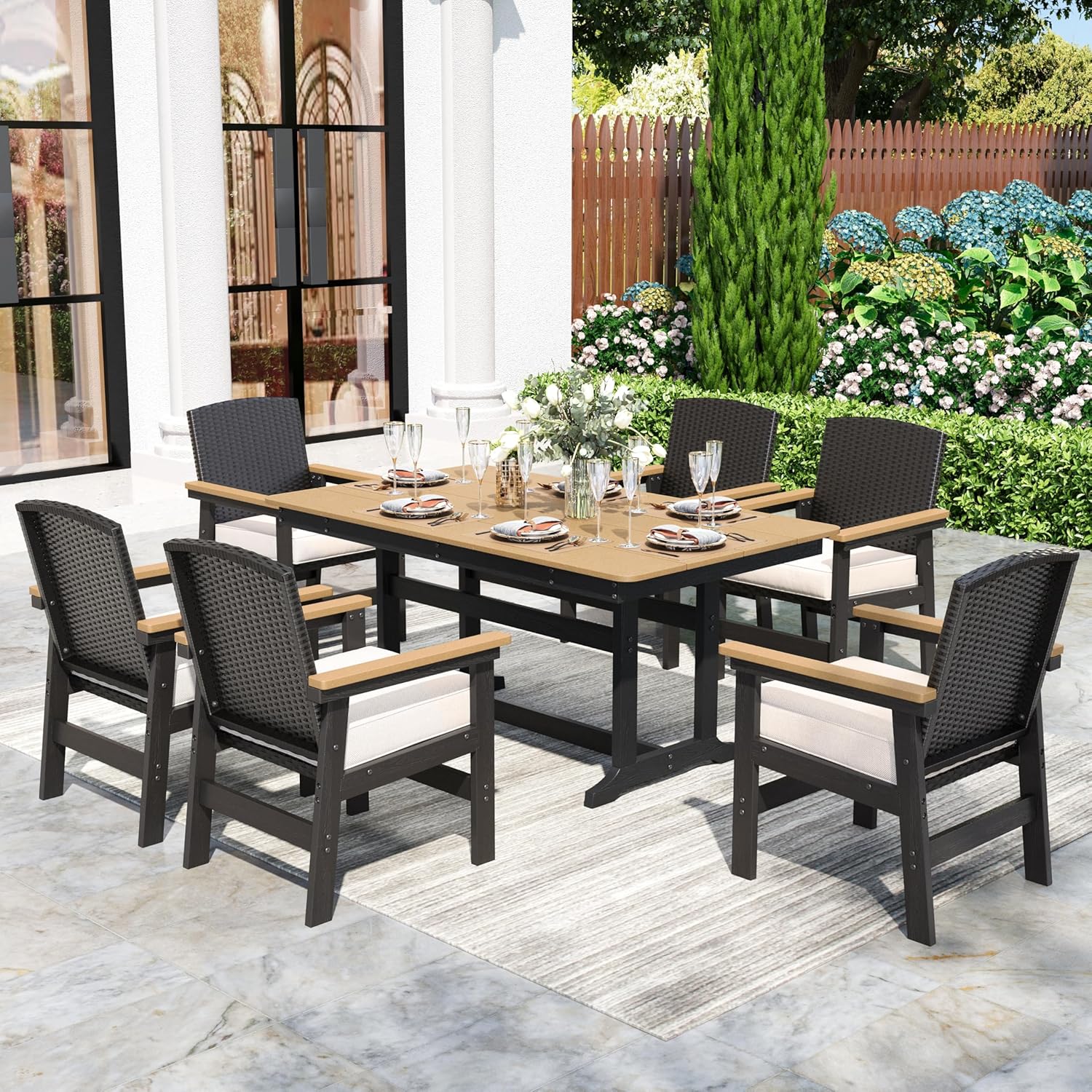 7 Piece HDPE Outdoor Dining Set for 6, 64” All Weather Wood-grain Dining Table, 6 Wicker Rattan Chairs with 3.2” Waterproof Cushion, Patio Table and Chairs Set for Backyard and Deck, Black
