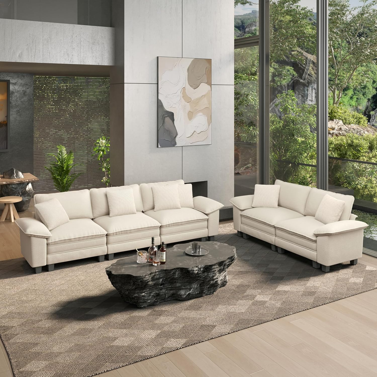 HERA’S HOUSE 2 Pieces Modular Sectional Sofa Sets, Oversized Couch Set with Loveseats, Comfy Cloud Couches with Throw Pillows, 5-Seater Deep Seat Sofa for Living Room, Chenille Beige